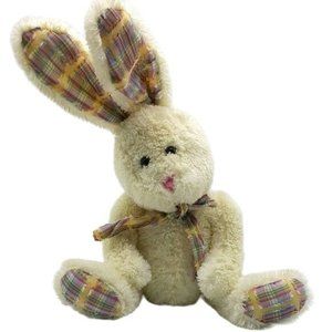 Easter Bunny Rabbit Plush Cream 17" Plaid Bow Sitting Tilted Head Long Ears